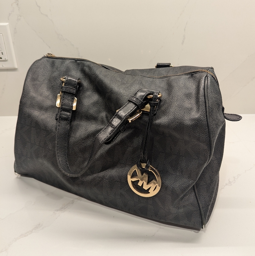 Michael Kors Black Monogram Leather Purse Tote w Gold Hardware and Zip Closure